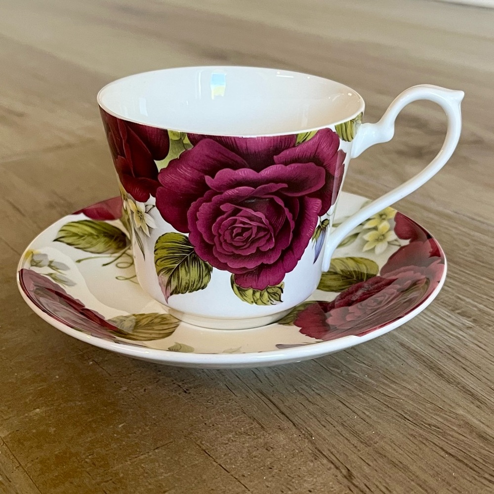 Vintage Victoria's Secret Fine China Teacup + Saucer English Roses Marroon
